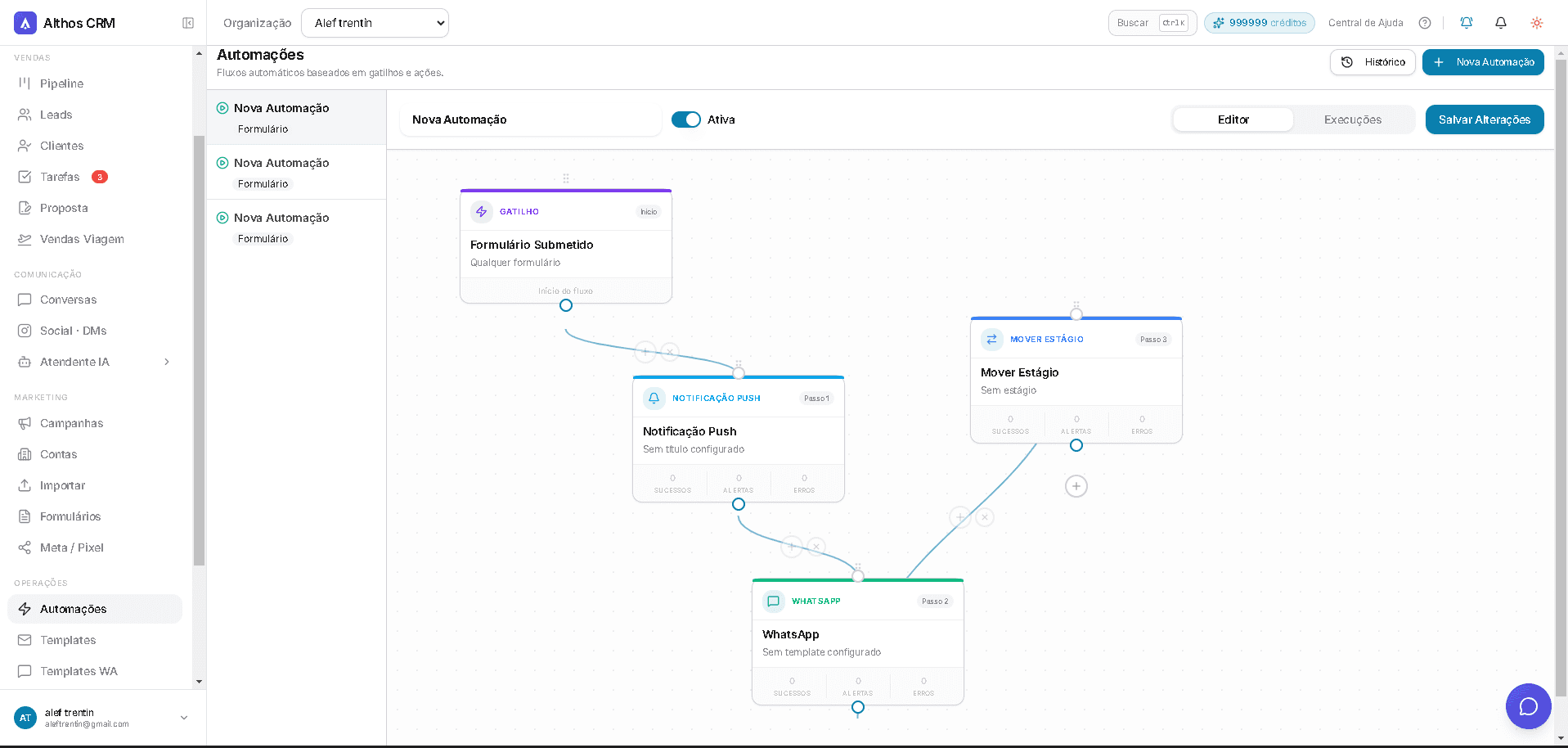 Editor de automações do Althos CRM